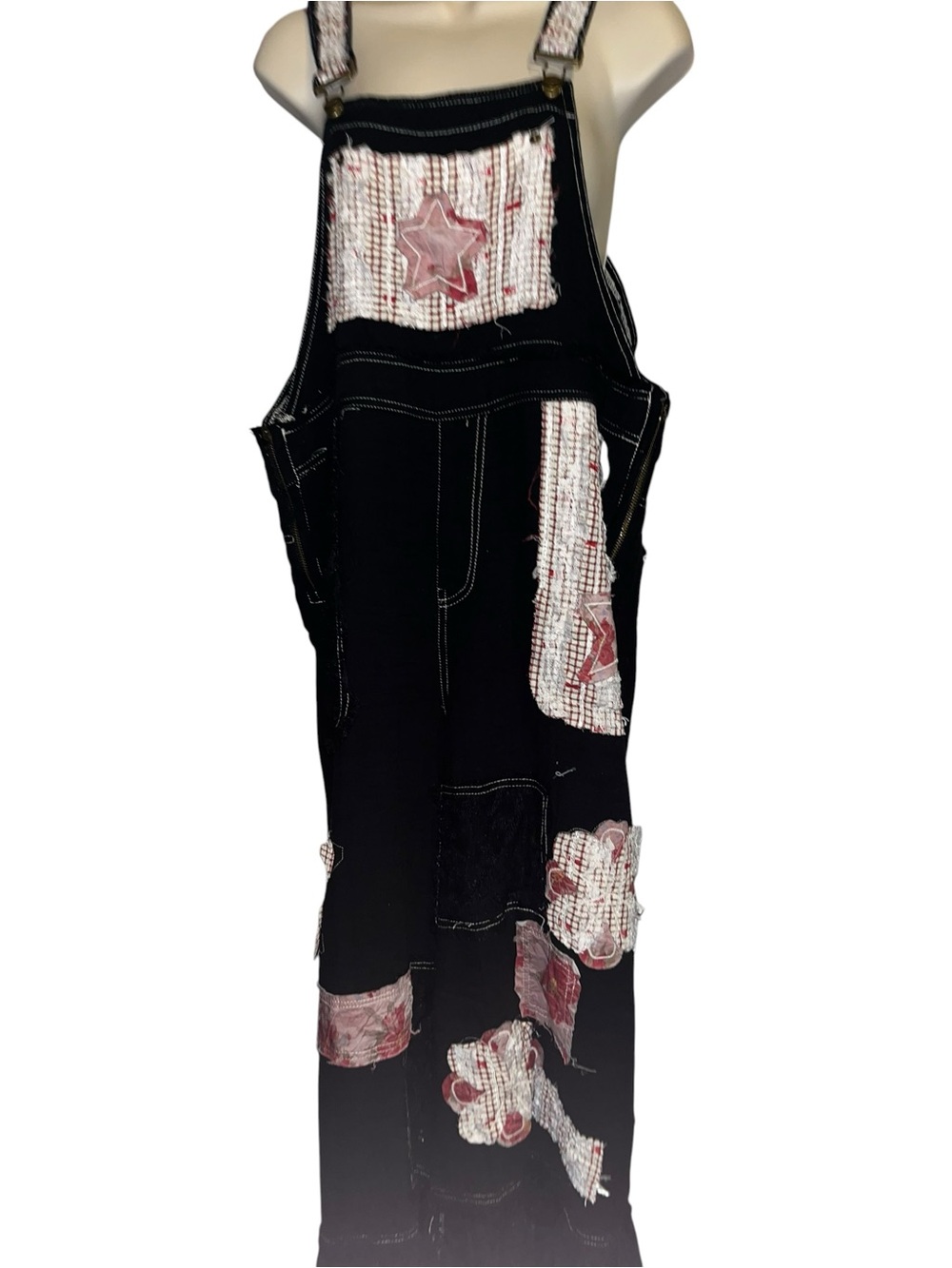 POL L Boho Patchwork Black Overalls with Lace Trim - Picture 3 of 9